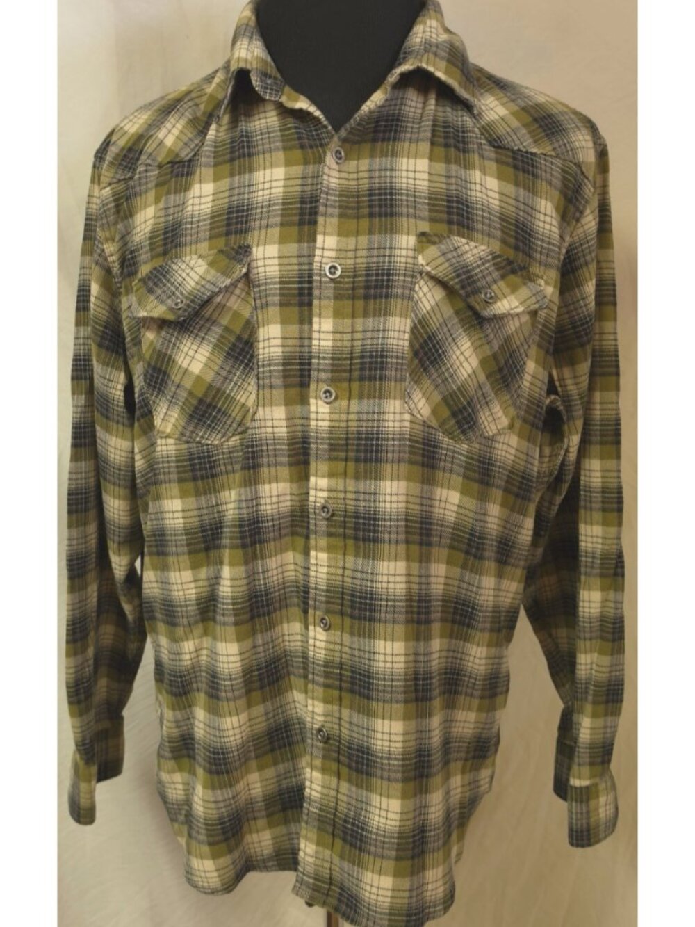 Wrangler Mens XL Green Plaid Snap Long Sleeve Western Cowboy Flannel Shirt